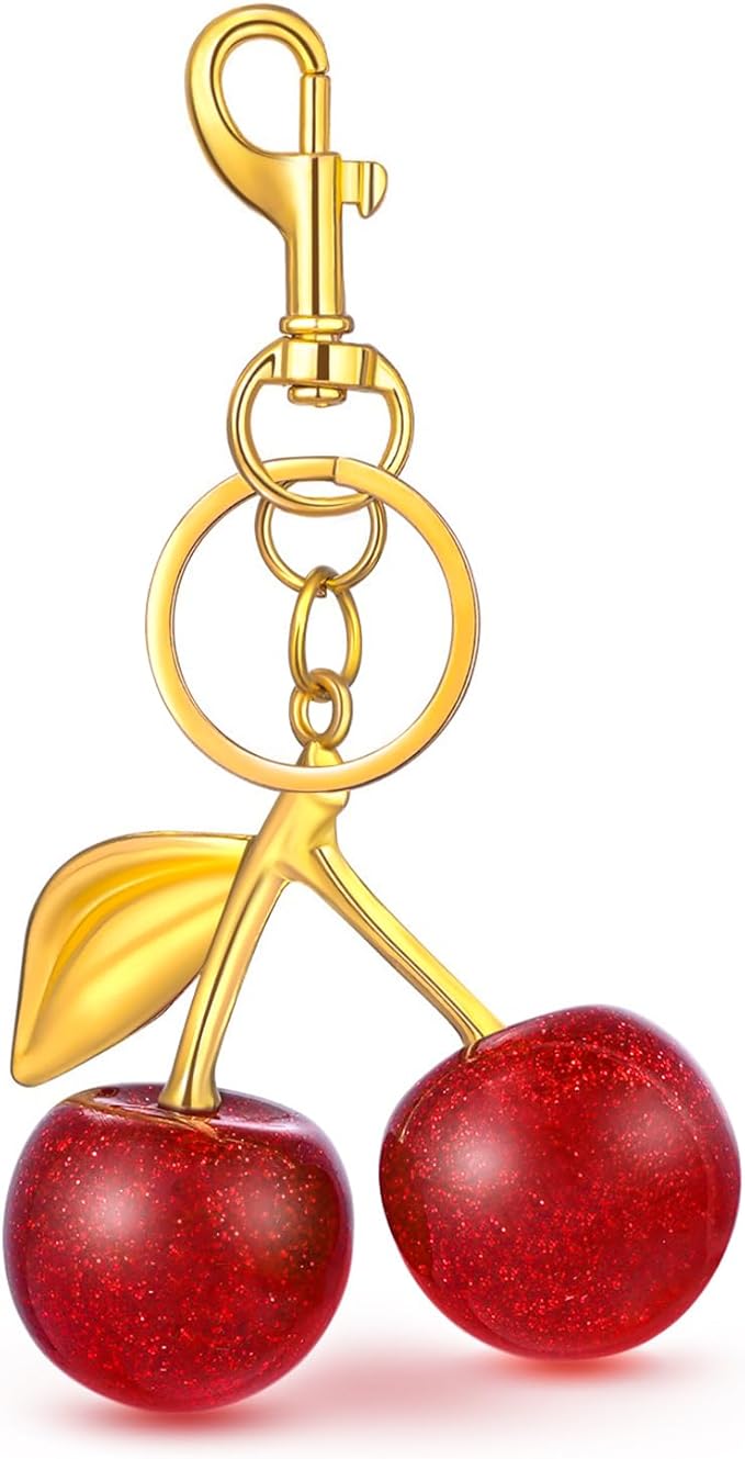 Cherry Keychain Bag Charm – Glitter Resin with Gold Hardware