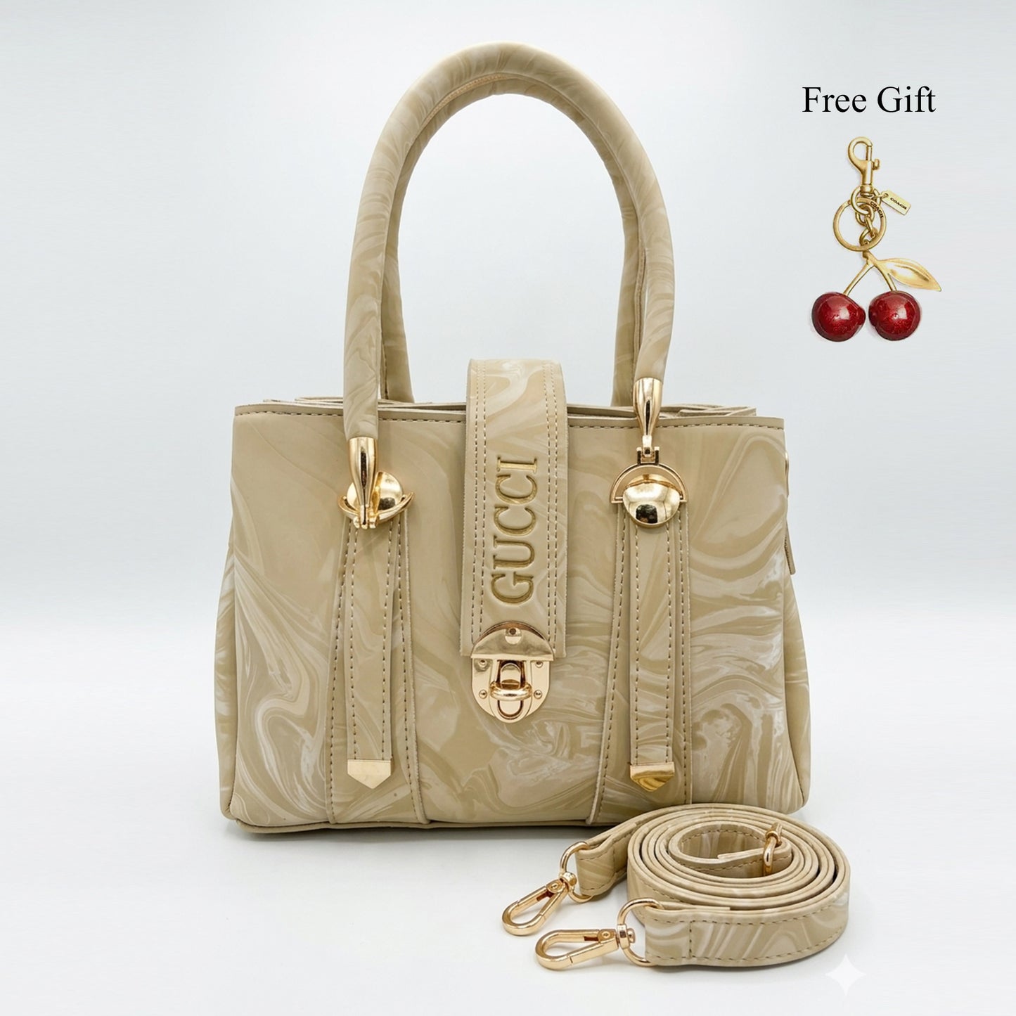 Marble Texture Handbag – Free Cherry Keychain Included