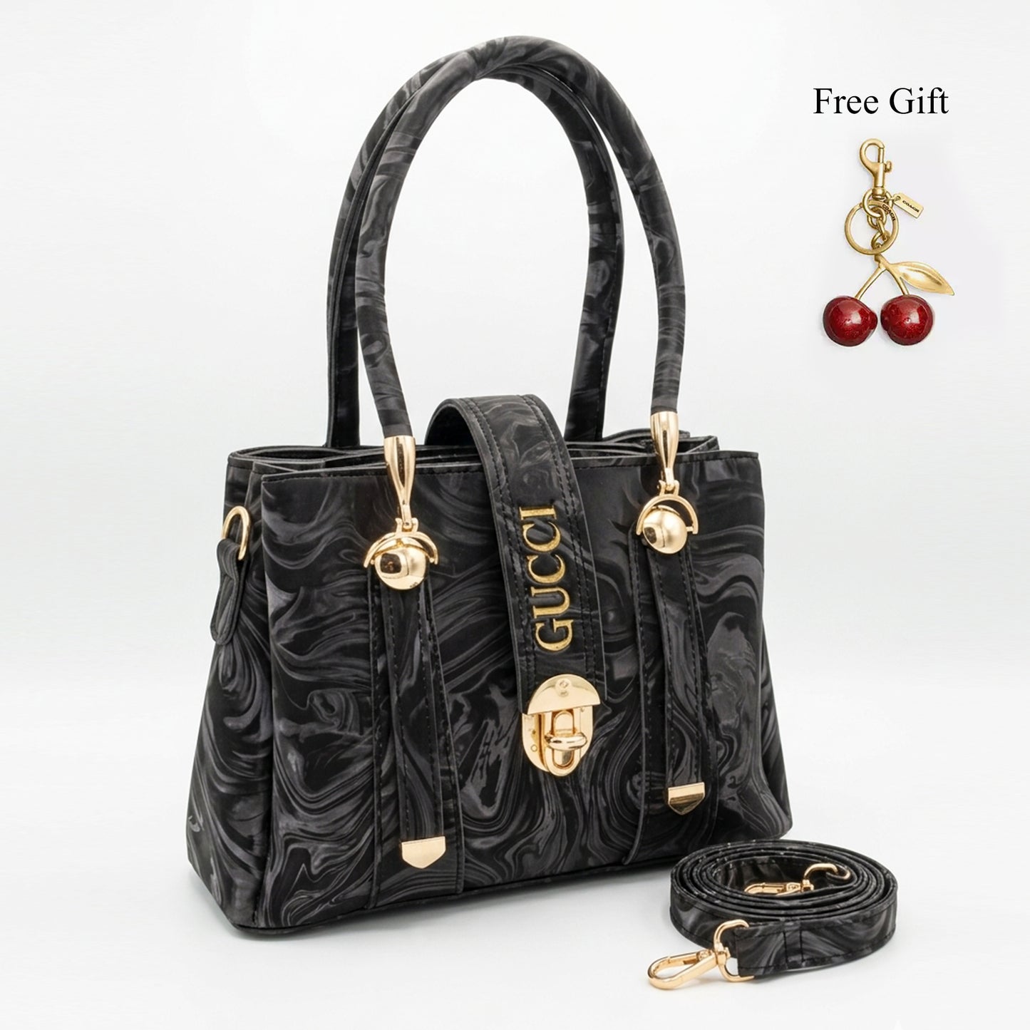 Marble Texture Handbag – Free Cherry Keychain Included
