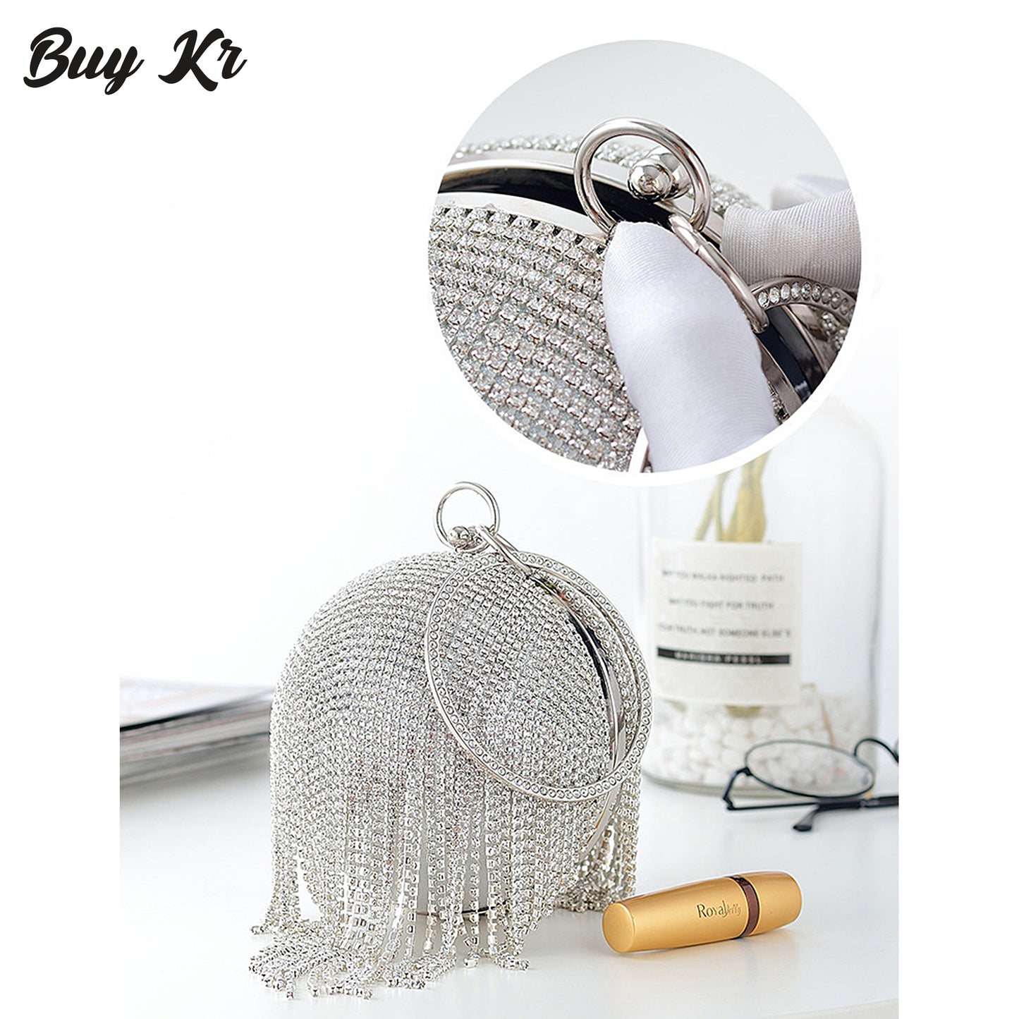 Fashionable gold, silver and black ball bridal clutch