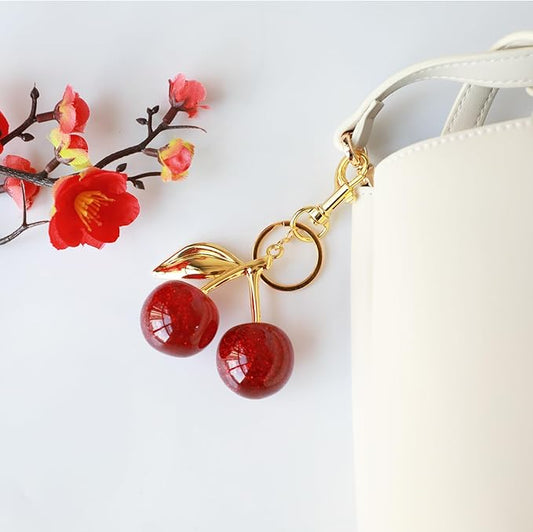 Cherry Keychain Bag Charm – Glitter Resin with Gold Hardware