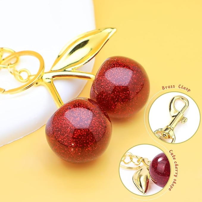 Cherry Keychain Bag Charm – Glitter Resin with Gold Hardware