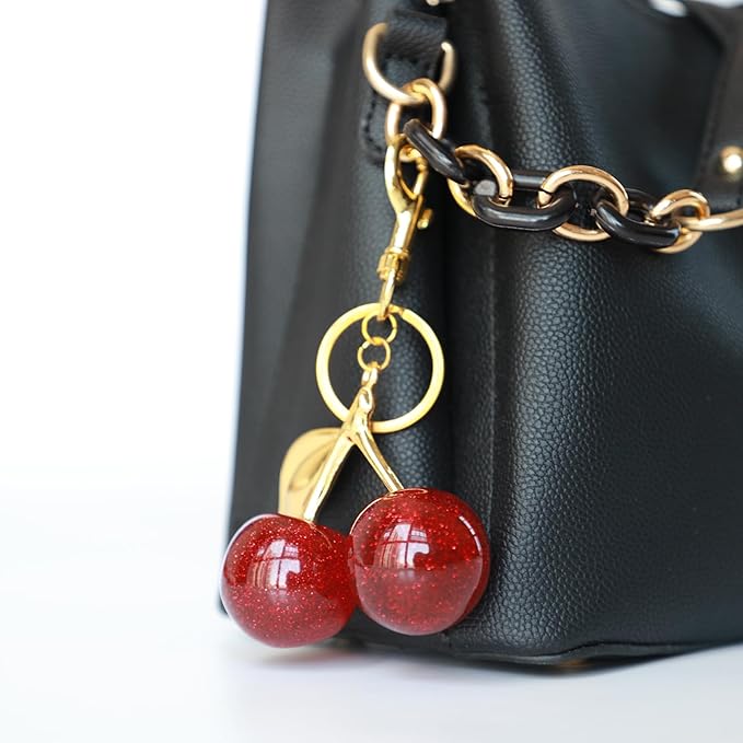 Cherry Keychain Bag Charm – Glitter Resin with Gold Hardware