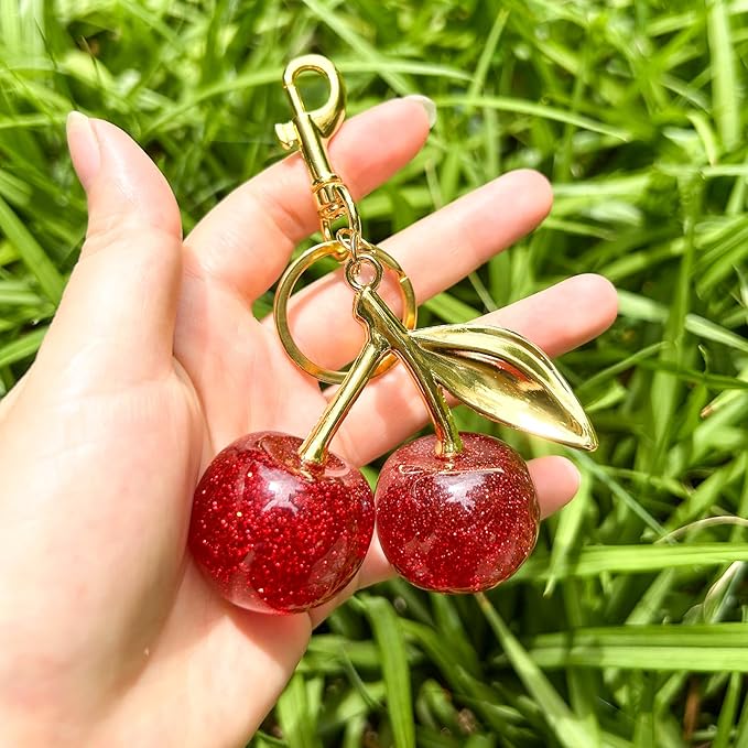 Cherry Keychain Bag Charm – Glitter Resin with Gold Hardware
