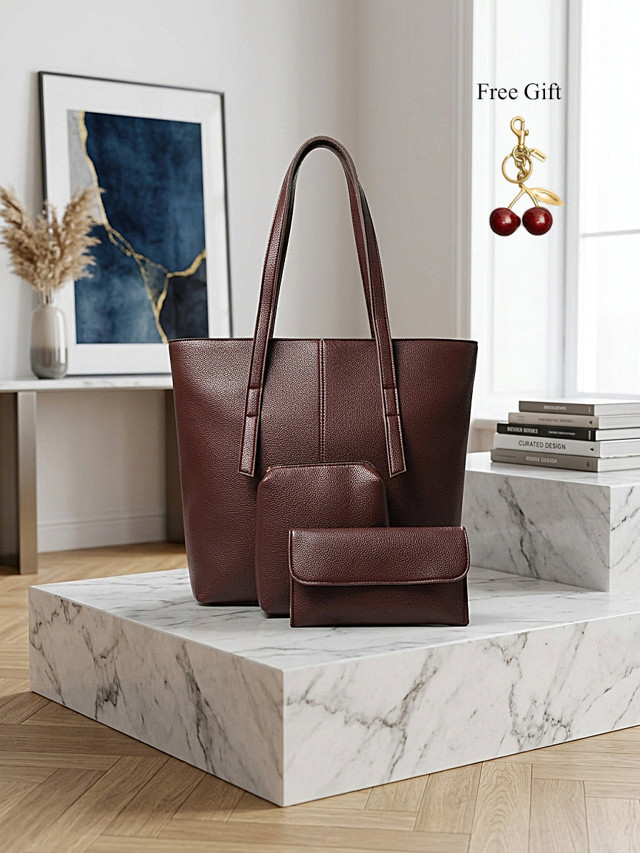 3-Piece Leather Tote Bag Set – Free Cherry Keychain Gift