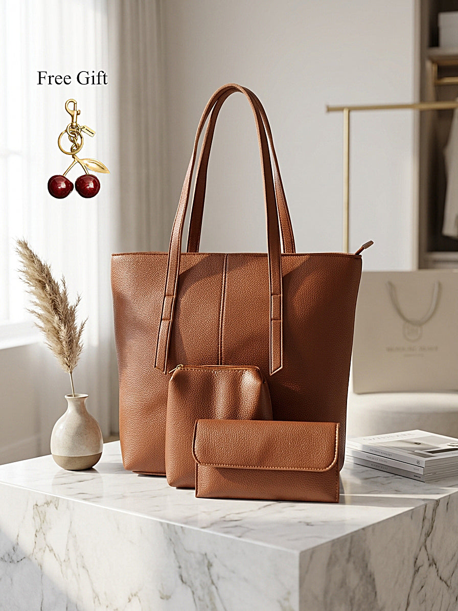 3-Piece Leather Tote Bag Set – Free Cherry Keychain Gift