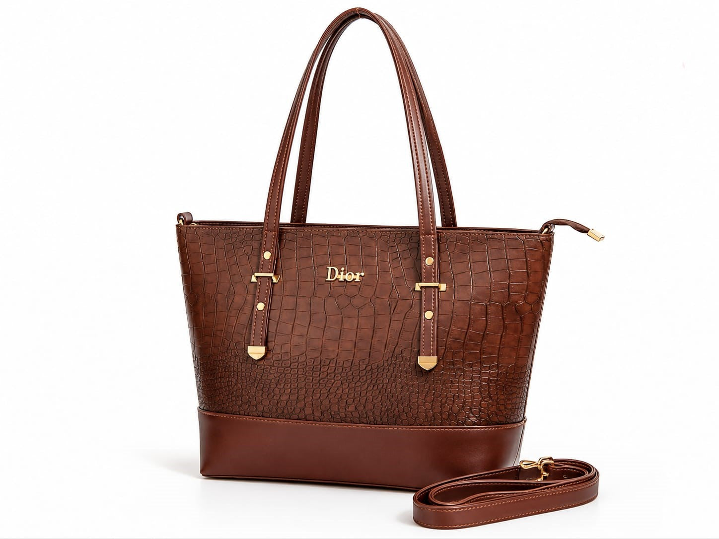 Croco Embossed Structured Tote Bag - Brown side view